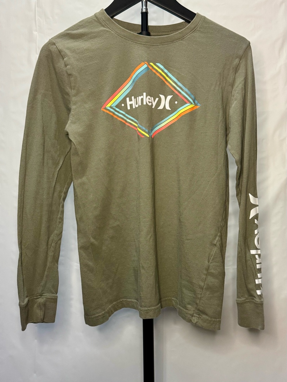 Hurley Olive Long Sleeve Tee with Multicolor Diamond Graphic